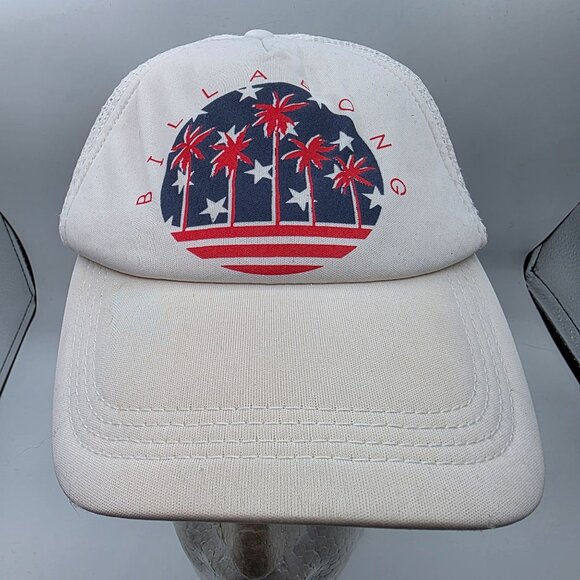 Billabong Mens Adjustable White Mesh Trucker Hat Patriotic Palm Tree Snapback - Picture 1 of 10